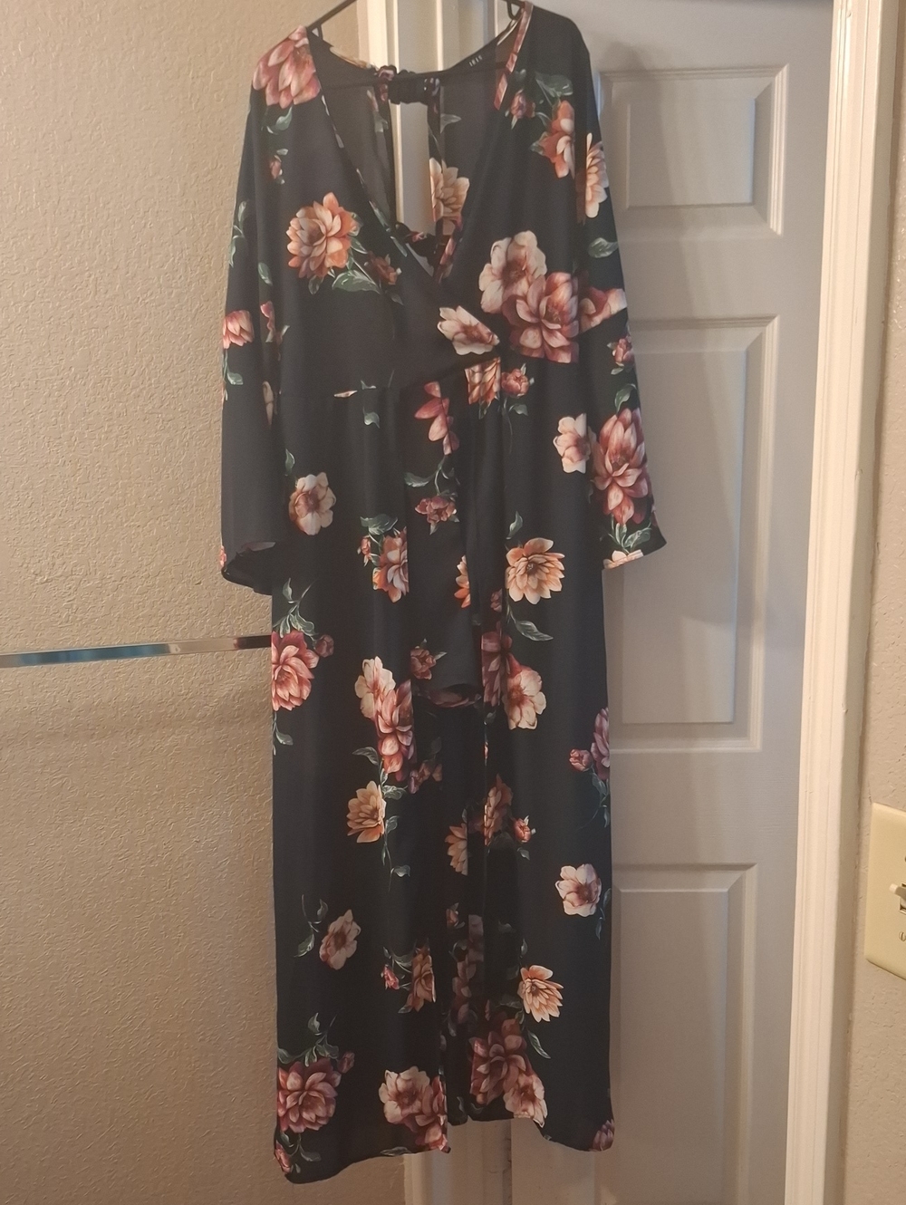 iris Black Floral Wrap Romper with Pink and Cream Flowers